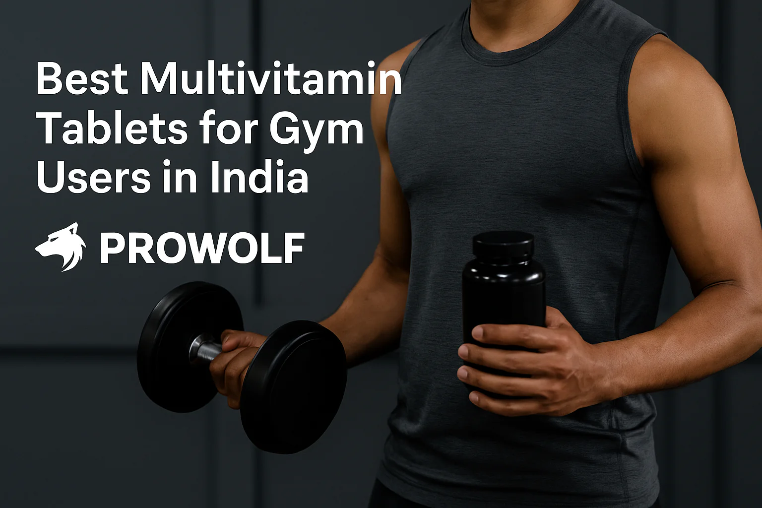 a man holding weights and a bottle